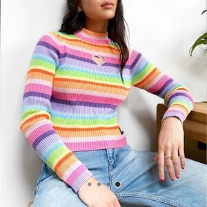 Minga Rainbow Striped Heart Cutout Ribbed Sweater